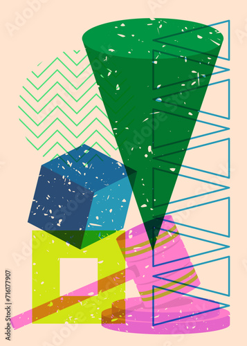 Risograph Gavel with geometric shapes. Objects in trendy riso graph print texture style design with geometry elements.