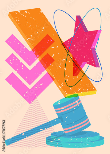 Risograph Gavel with geometric shapes. Objects in trendy riso graph print texture style design with geometry elements.