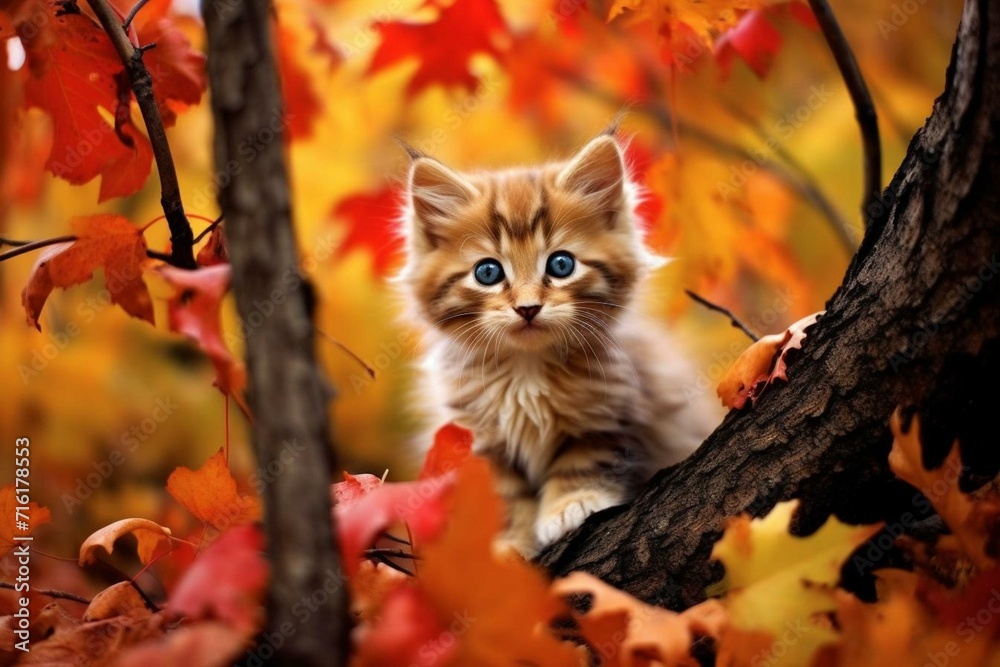 cute kitten playing in fall foliage. Generative AI