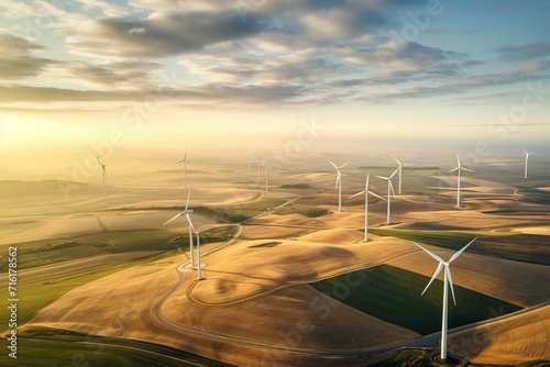 Aerial photo of wind turbines producing green electricity. Generative AI