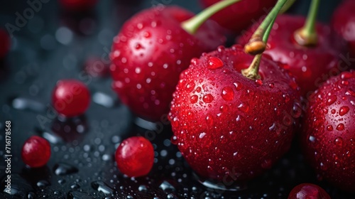 Photograph of bright red cherries adorned with water droplets, exuding a refreshing look with a minimal composition and ample copy space