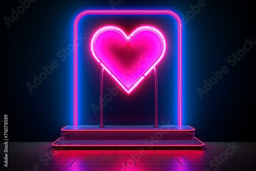 Fashion podium with heart-shaped neon frame illustration - digitally enhanced. Generative AI