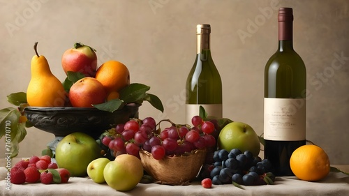 Still life with fruit and bottles