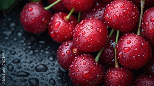 A photograph of vibrant red cherries embellished with water droplets, radiating a refreshing aesthetic with a minimal composition and abundant copy space