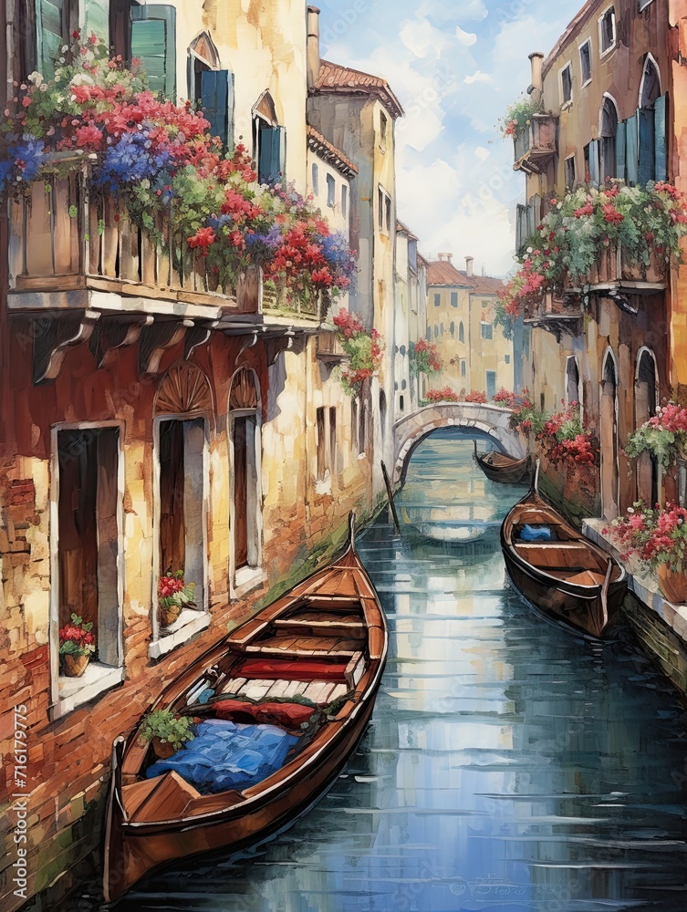Romantic Venetian Canals Framed Landscape - Vintage Art Print, Canal View