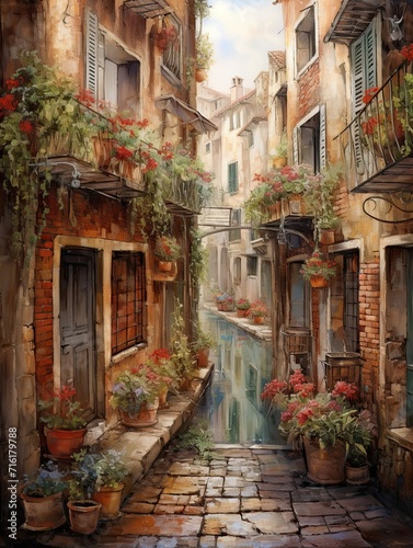 Faded Charm  Romantic Venetian Canals in Earth Tone Art - Old-world European Alleys and Canal Streets