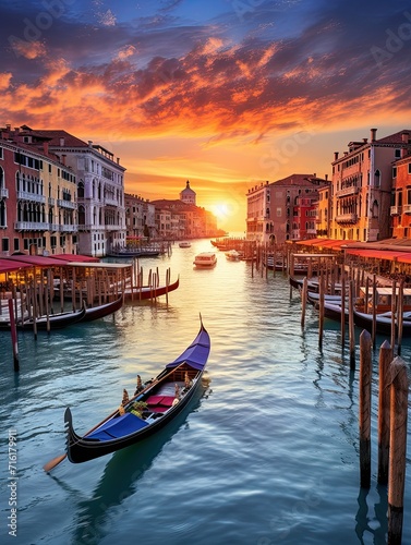 Romantic Venetian Canals Panoramic Print - Captivating Sunset Over Italy's Enchanting Waterways © Michael