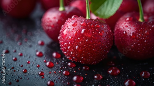 A photograph of vibrant red cherries embellished with water droplets, radiating a refreshing aesthetic with a minimal composition and abundant copy space