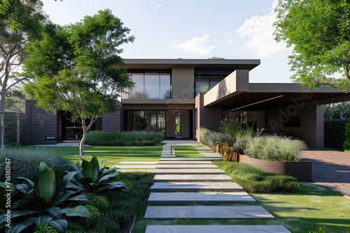 a modern house with a large garden, flower garden, and trees