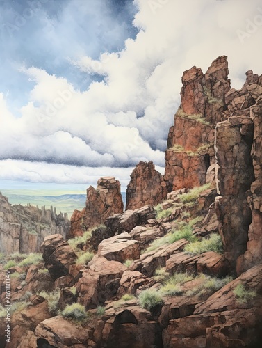 Rugged Rocky Outcrops: Panoramic Views of Scenic Prints and Artwork Celebrating the Majestic Sky, Clouds, and Pristine Rock Formations.
