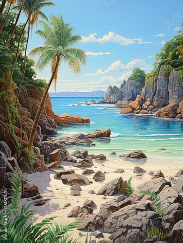Rugged Rocky Outcrops: Tropical Beach Art Showcasing Island's Majestic Rock Edges