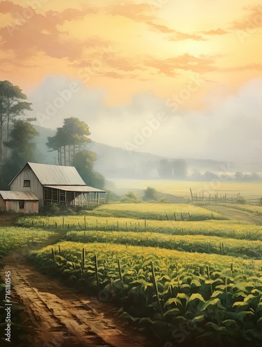 Rustic Farmhouse Vistas: Dawn Painting - Morning Mist and Fresh Farm Mornings