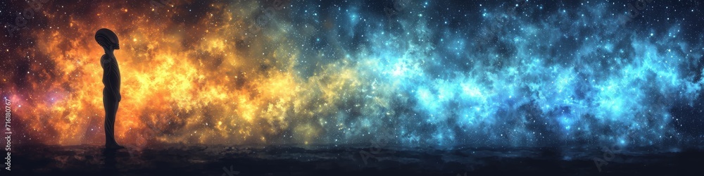 Naklejka premium Abstract Cosmic Background with Human Silhouette