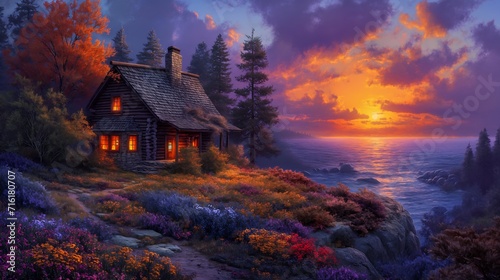 Fotografie, Obraz cabin cliff overlooking ocean sunset secluded dreaming about faraway place splas