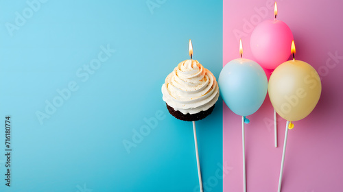A delectable cupcake adorned with colorful icing and a glowing candle stands tall next to festive balloons, setting the scene for a joyous birthday celebration filled with sugary treats and party sup