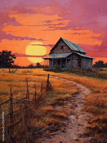 Sunset Shades: Rustic Farmhouse Vistas and Twilight Farm Calm in Evening Landscape