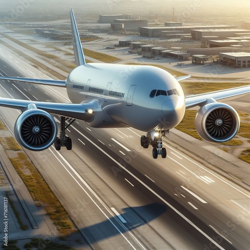 close-up of a modern large passenger aircraft with two large engines at the moment of separation from the runway, top view