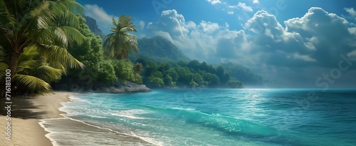 view beach palm trees blue ocean header bay sea spray rainforest digital young scenery deserted sand jamaica anno photo