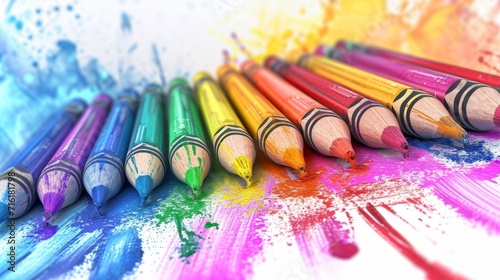 A group of multicolored crayons competing in a fierce watercolor painting competition at the Colorful Art Festival with one sneaky crayon secretly using a straw to blow thei
