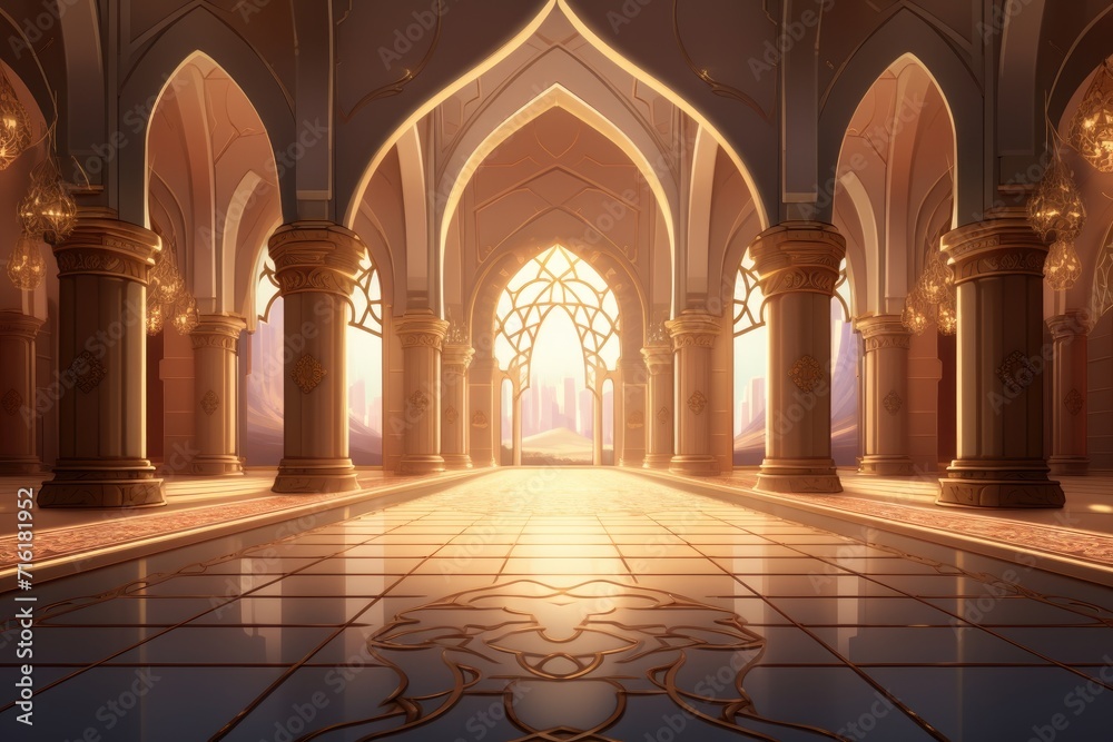 illustration of the interior of a mosque with a beautiful window