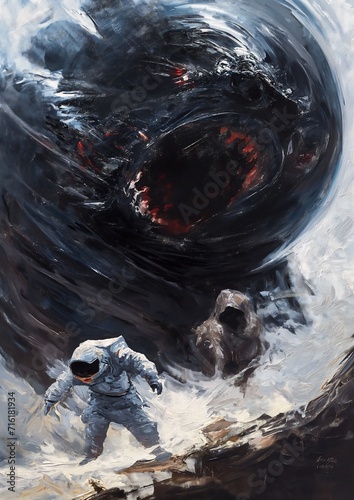 astronaut white space suit walking towards black hole evil monster tusk entertainment swirling fluid demogorgon scenery photo