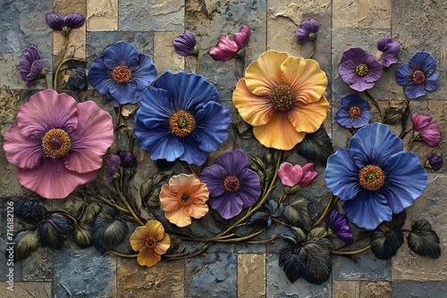 flowers painted wall checkered floor himalayan poppy mexican thick impasto technique violet color clay sculpture roman mosaic anemones exquisite illustration dead pallet