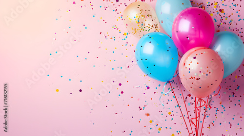 A burst of vibrant colors and playful shapes fill the air as a group of festive balloons and confetti bring joy to a party
