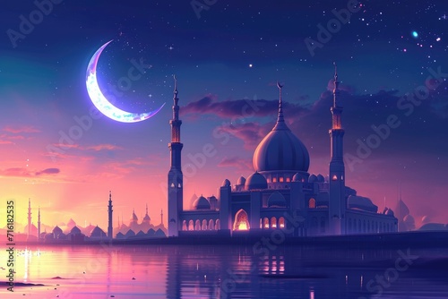 Illustration of a mosque on the background of the night sky with Crescent moon. Eid Mubarak Islamic background