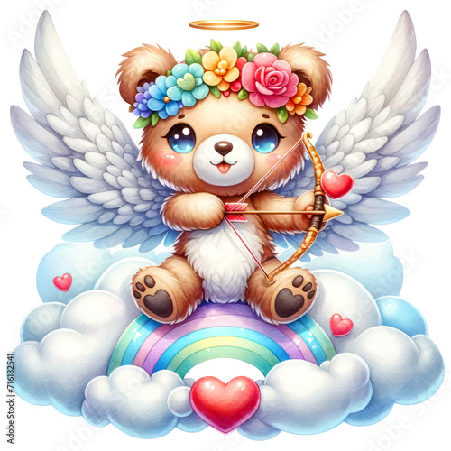 Cute Cupid Teddy Bear with Rainbow Cloud Clipart on Transparent Background. Cute Cupid Valentine's Day Clipart.