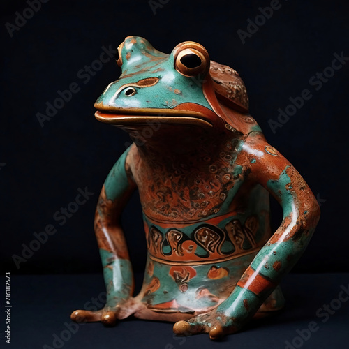 colorful Frog made of ceramics on a dark background, close-up. Frog-shaped Rhyton; earthenware pottery vessel on dark background photo