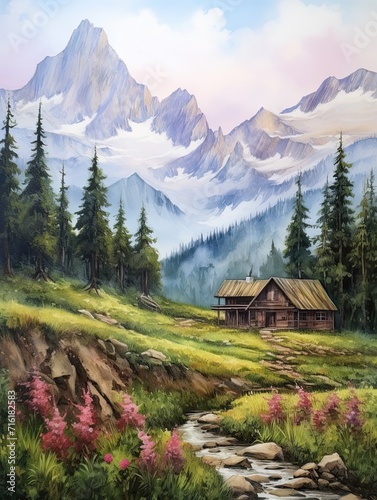 Secluded Mountain Cabins Landscape Poster | Rustic Wall Art | Mountain Retreat
