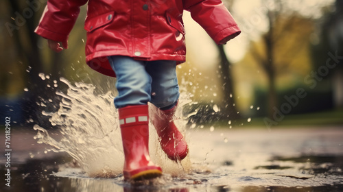 Close-Up of Child's Feet in Red Rubber Boots Jumping in a Rain Puddle