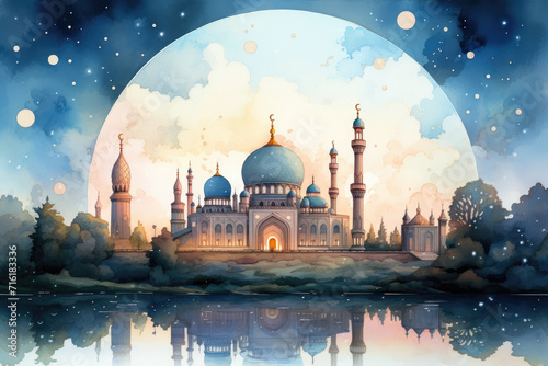 Ramadan Kareem greeting card with mosque on the background of the full moon with Watercolor illustration