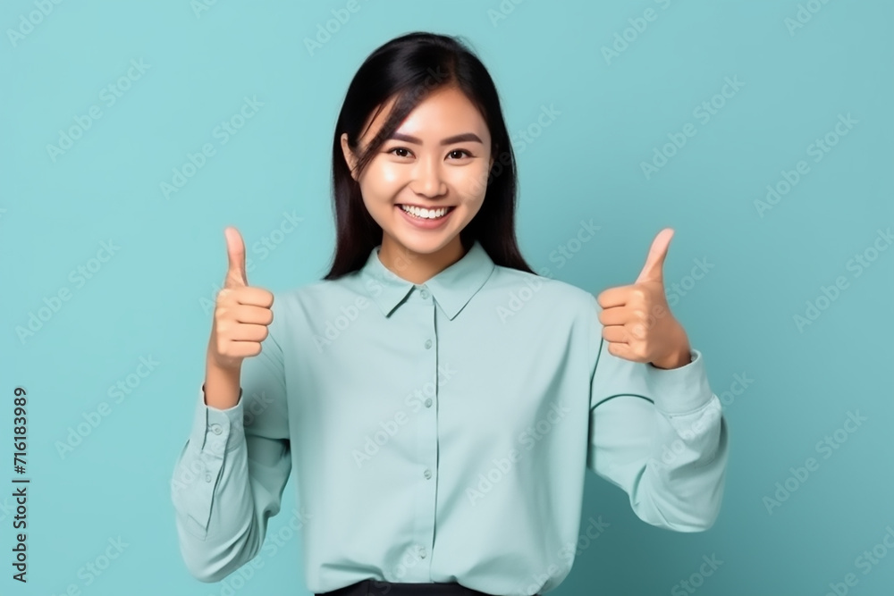 woman showing thumbs up sign with generative ai woman showing thumbs up sign with generative ai