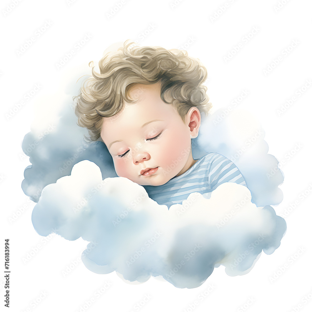 Watercolor painting of a baby boy sleeping in clouds 