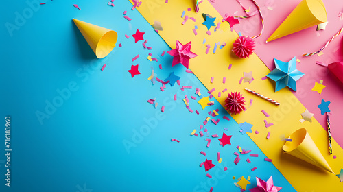 A vibrant and playful celebration captured in a handcrafted paper party hat adorned with bursts of colorful confetti