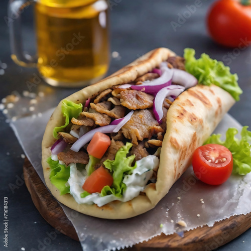 Fresh grilled  greek gyros, turkish, doner,donner, shawarma beef wrap roll, ingredients flying around, illustration concept