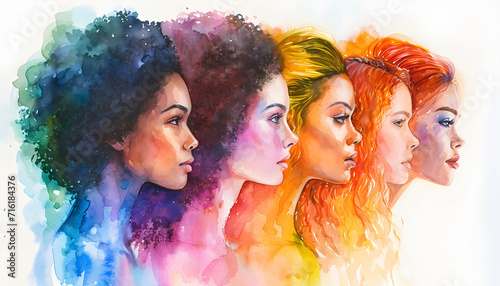 Multicultural watercolor portraits of young women symbolize the success of equality and diversity.
