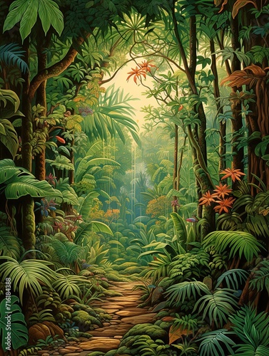 Earth-toned Artistry  Serene Rainforest Canopies with Rich Jungle Greens