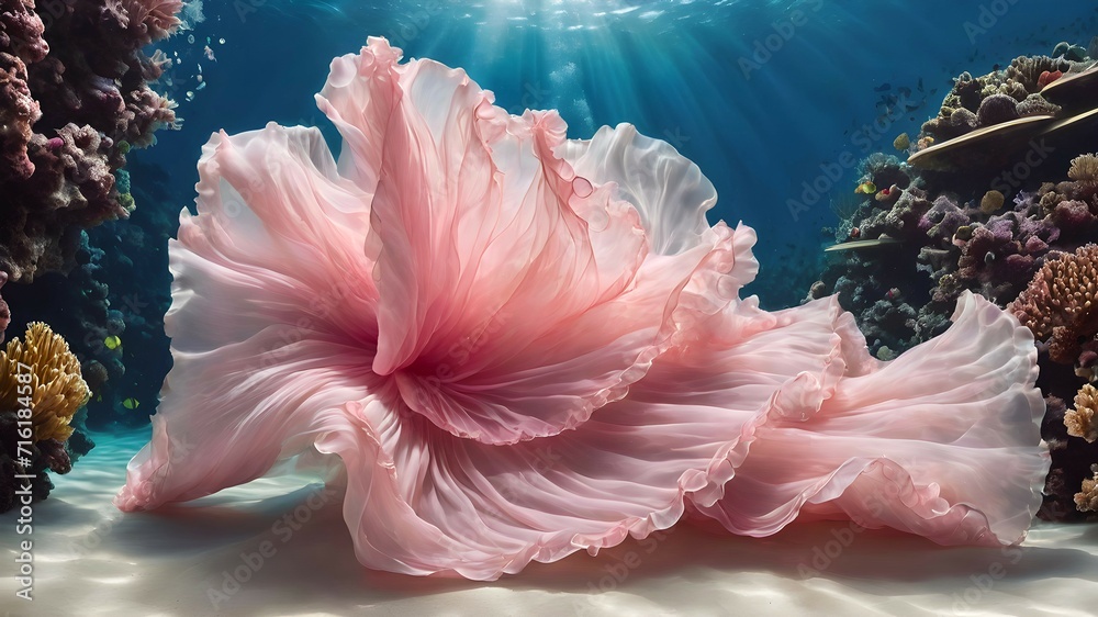 Pale pink chiffon floats in waves at the depths, in beautiful clear blue water with corals and white sand. Chiffon under water - obrazy, fototapety, plakaty 