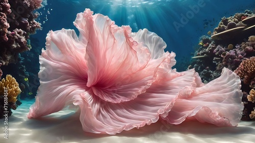 Pale pink chiffon floats in waves at the depths, in beautiful clear blue water with corals and white sand. Chiffon under water photo