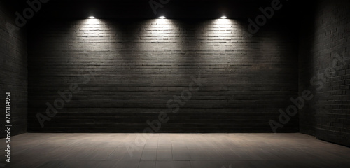 Empty black brick room studio with lighting or sunlight in the background.  Generative ai