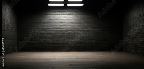 Empty black brick room studio with lighting or sunlight in the background.  Generative ai