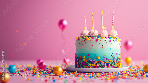 A festive birthday cake adorned with vibrant candles  colorful confetti  and sugary decorations stands proudly on a decorative cake stand  ready to be enjoyed at an indoor celebration