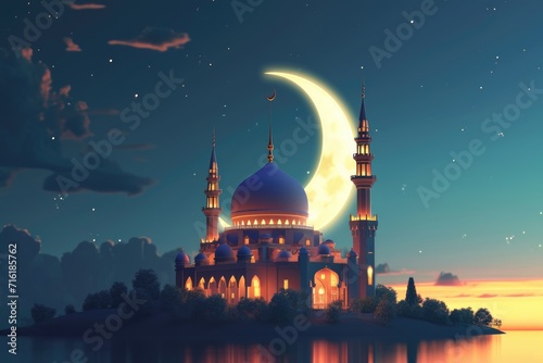 Illustration of a mosque on the background of the night sky with Crescent moon. Eid Mubarak Islamic background