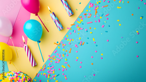 A vibrant burst of celebration, the image features a playful mix of party supplies including colorful confetti and whimsical balloons against a cheerful blue and yellow backdrop photo