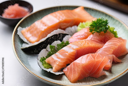 Savor the artistry of Japanese cuisine with a delectable plate set featuring fresh and vibrant salmon sashimi, a true feast for the senses.