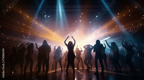 Silhouette of People Dancing on A Dance Floor with Spotlights. Party, Celebration, Crowd, Event
