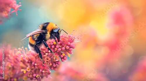 A delicate bumblebee  adorned with vibrant pollen  gracefully perches on a dainty flower  embodying the essential role of pollinator in the natural world