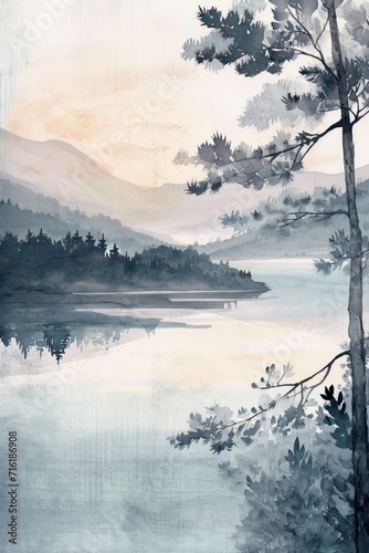 Delicate watercolor strokes on silk depict a tranquil riverbank at dawn in the style of Japanese traditional painting © Matthew